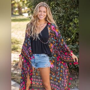 Natural Life Soleil Kimono, Black Colorful Floral Tassel Kimono
